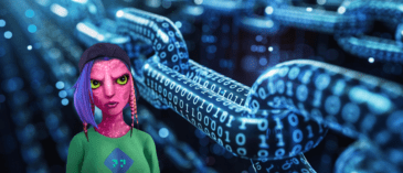 a cartoon character with pink hair and blue eyes