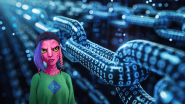 a cartoon character with pink hair and blue eyes